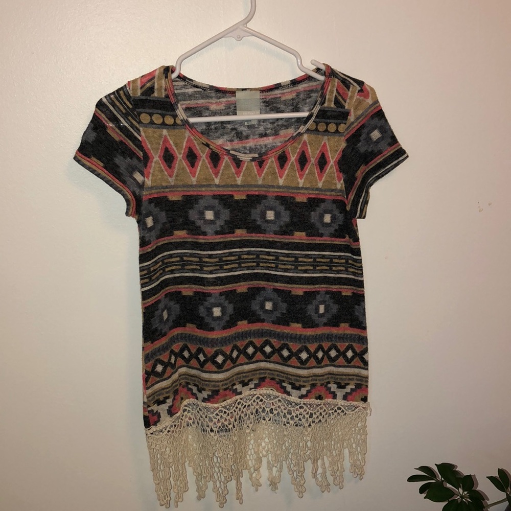 Freshwear Aztec style short-sleeve fringe tunic.